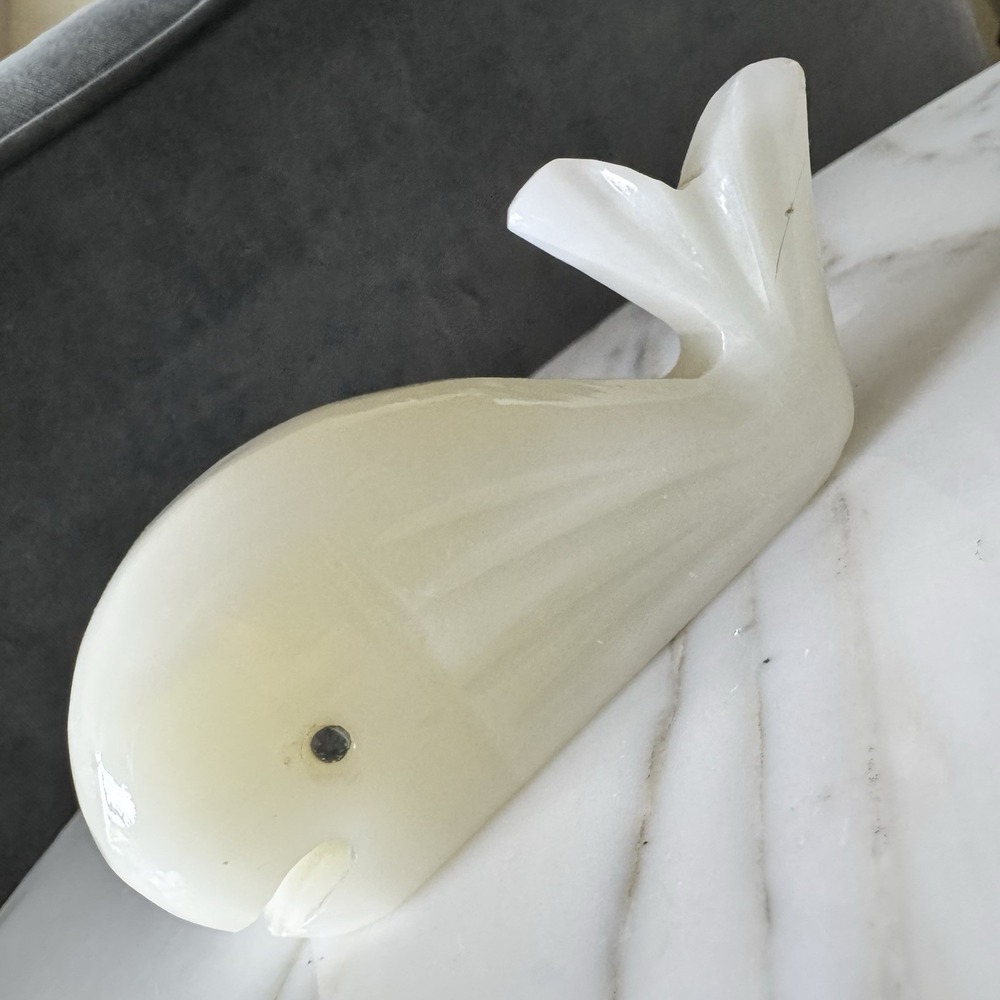 Carved Marble Whale Figurine Alabaster? Marble? Stone Blue Jeweled Eye 5.5"